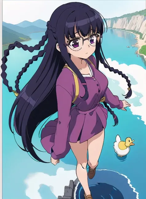 <lora:KyokoYa-002:0.8>,(lake background:1.2),(Balconette bra:1.2, (Walking, pretending to pull a toy duck :1), 1girl, solo, long hair, glasses, braid, purple eyes, twin braids, bangs, blunt bangs, black hair, large breast, (surprise face), detailed background, finely detailed, ,,<lora:white background:1>,, white background, full body,