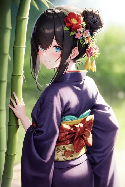 <lora:sagisawa fumika:1>sagisawa fumika, mekakure,
black_hair, blue_eyes, (large breasts:0.5),  alternate_hairstyle, bamboo, bangs, blue_kimono, blurry, blurry_background, blurry_foreground, blush, bokeh, closed_mouth, depth_of_field, double_bun, eyebrows_visible_through_hair, floral_print, flower, focused, hair_between_eyes, hair_bun, hair_flower, hair_ornament, japanese_clothes, kimono, leaf, looking_at_viewer, motion_blur, photo_\(medium\), plant, print_kimono, sash, side_bun, sidelocks, smile, solo, tanabata, tanzaku, upper_body, green flower, yukata, for back,