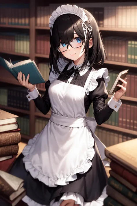 <lora:sagisawa fumika:1>sagisawa fumika, mekakure,
black_hair, blue_eyes, (large breasts:0.5), 1girl, apron, , book, book_stack, bookshelf, glasses, hand_on_own_chest, holding_book, ladder, library,  long_sleeves, looking_at_viewer, maid, maid_apron, maid_headdress, smile, solo