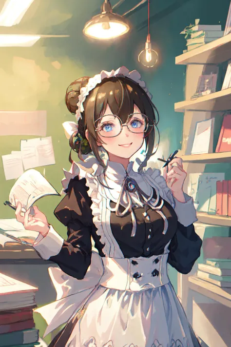 <lora:sagisawa fumika v2fix:1> sagisawa fumika, 1girl, glasses, maid, solo, bookshelf, blue eyes, black hair, alternate costume, maid headdress, apron, enmaided, smile, juliet sleeves, dress, long sleeves, puffy sleeves, bespectacled, looking at viewer, book, maid apron, single hair bun, breasts, library, white apron, hair bun, indoors, blush, brooch, frills, black dress, official alternate costume, large breasts, long hair, sidelocks, round eyewear