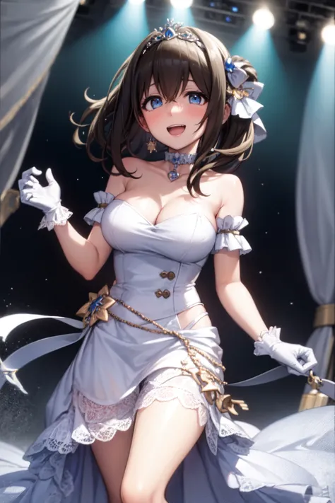 <lora:sagisawa fumika v2fix:1> sagisawa fumika, 1girl, solo, watch, pendant watch, blue eyes, breasts, gloves, tiara, dress, long hair, cleavage, looking at viewer, white gloves, bare shoulders, open mouth, large breasts, strapless, choker, blush, white dress, black hair, brown hair, hair between eyes, strapless dress, collarbone, smile, bangs, on stage,