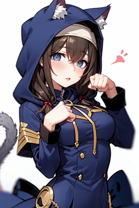 <lora:sagisawa fumika v2fix:1> sagisawa fumika, 1girl, tail, solo, hood, breasts, cat tail, animal ears, blue eyes, paw pose, blush, crescent, cat ears, sketch, white background, large breasts, looking at viewer, animal hood, simple background, long hair, hair between eyes, bangs, black hair, long sleeves, cat hood, capelet, parted lips, dress, brown hair, hood up, fake animal ears, hooded capelet, hairband, fake tail, purple bow