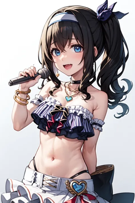 <lora:sagisawa fumika v2fix:1> sagisawa fumika, 1girl, solo, blue eyes, microphone, skirt, necklace, jewelry, navel, long hair, hairband, smile, open mouth, frills, bracelet, black hair, side ponytail, looking at viewer, simple background, heart, bare shoulders, midriff, holding, strapless, collarbone, bow, white background, holding microphone, wrist cuffs, hair between eyes, frilled skirt, bangs, miniskirt, breasts, arm garter, white skirt, cowboy shot, :d, highleg, star (symbol), ribbon, bandeau, striped, swimsuit, single wrist cuff