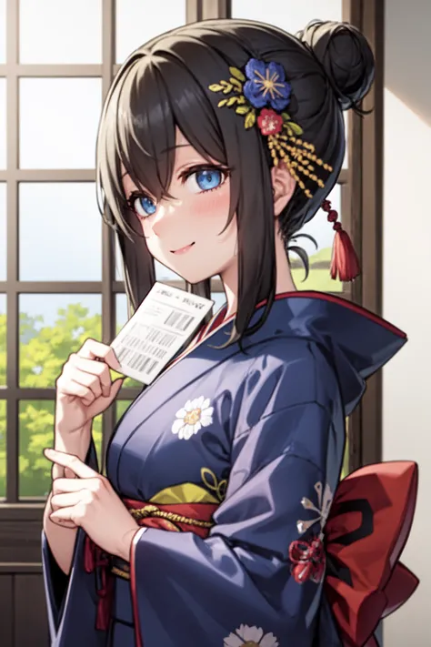 <lora:sagisawa fumika v2fix:1> sagisawa fumika, 1girl, japanese clothes, kimono, solo, blue eyes, hair flower, hair ornament, flower, smile, blue kimono, looking at viewer, floral print, omikuji, sash, black hair, wide sleeves, hair bun, obi, single hair bun, blurry background, blush, blurry, holding, print kimono, hair between eyes, bangs, long sleeves, alternate hairstyle, breasts, blue flower, sidelocks, upper body, holding paper, depth of field, yukata