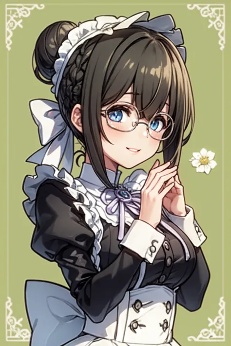 <lora:sagisawa fumika v2fix:1> sagisawa fumika, glasses, solo, maid, enmaided, alternate costume, round eyewear, blue eyes, black hair, hair bun, maid headdress, single hair bun, juliet sleeves, breasts, long sleeves, blush, puffy sleeves, looking at viewer, bespectacled, large breasts, apron, smile, maid apron, sidelocks, upper body, black dress, frills, white apron, flower, dress, bangs, parted lips, floral background, own hands together, rose