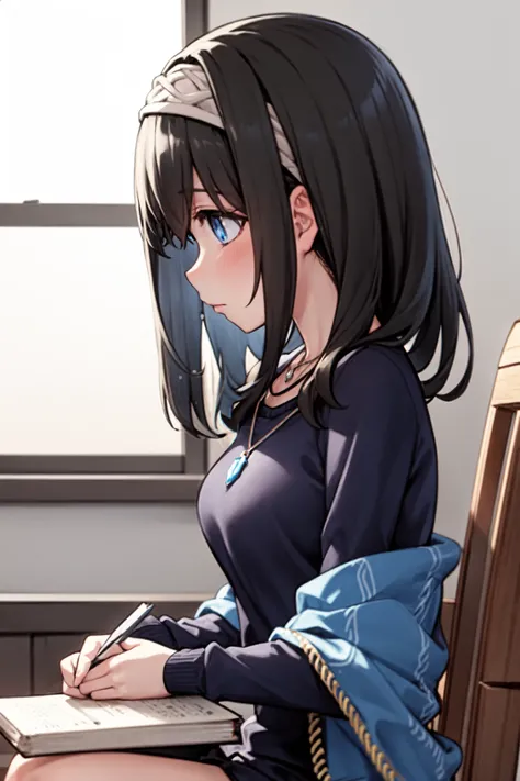 <lora:sagisawa fumika v2fix:1> sagisawa fumika, 1girl, book, solo, long hair, blue eyes, hairband, shawl, jewelry, black hair, pendant, blush, holding book, necklace, open book, reading, holding, long sleeves, book stack, sweater, bookmark, breasts, looking down, from side, light particles, profile, sitting
