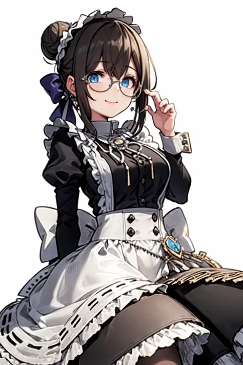 <lora:sagisawa fumika v2fix:1> sagisawa fumika, 1girl, solo, maid, glasses, juliet sleeves, blue eyes, maid headdress, apron, black hair, puffy sleeves, bespectacled, white background, long sleeves, alternate costume, enmaided, dress, maid apron, simple background, round eyewear, frills, hair bun, adjusting eyewear, black dress, smile, white apron, single hair bun, looking at viewer, official alternate costume, bow, bangs, frilled apron, closed mouth, jewelry, long hair, sidelocks, brooch, key