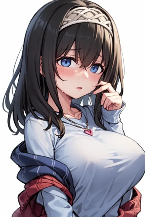 <lora:sagisawa fumika v2fix:1> sagisawa fumika, 1girl, solo, black hair, long hair, blush, hairband, breasts, jewelry, shawl, simple background, blue eyes, sweat, white background, necklace, hair between eyes, long sleeves
