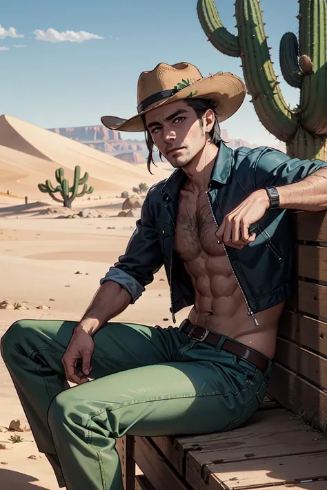 high definition, 8K resolution, desert background, cactus, cowboy resting in shade