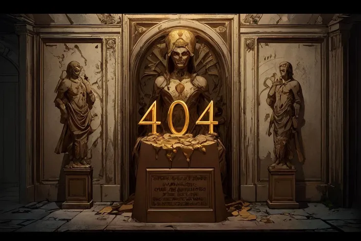 (masterpiece, best quality:1.2), gold text(("4 0 4":1.2)) on pedestal, ancient tomb, raiders of the lost ark statue scene, stone walls, ancient engravings