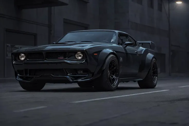 A menacing black muscle car, concept car, mean, growling loudly with chrome details glinting, parked on a deserted road at night, aggressive stance, low camera angle, dramatic backlighting, gritty high-contrast style, ultra HD 8K resolution <lora:zeekars:1>