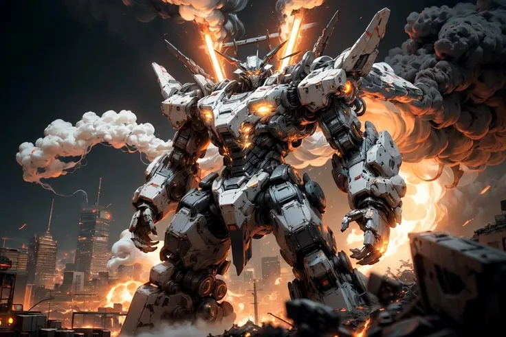 A colossal mechanized mech, heavily armored and bristling with weapons, standing tall over a futuristic cityscape, eyes glowing red, smoke and flames rising in the distance, low drone shot, epic science fiction style, intricately detailed, cinematic lighting, 4K resolution <lora:Mecha:1>