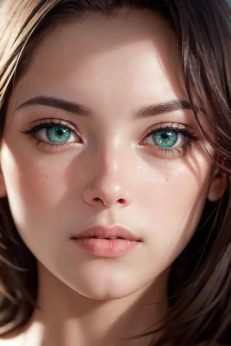 close up portrait of a beautiful supermodel's face, delicate features, velvety skin, wisps of hair grazing her cheeks, intense emerald eyes looking directly at the viewer, very shallow depth of field, intimate lighting, elegant and artistic composition, ultra-high resolution detail (masterpiece:1.2) (photorealistic:1.2) (best quality) (detailed skin:1.3) (intricate) (8k) (HDR) (dramatic lighting:1.3) (sharp focus)