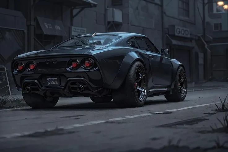 A menacing black muscle car, concept car, mean, growling loudly with chrome details glinting, parked on a deserted road at night, aggressive stance, low camera angle, dramatic backlighting, gritty high-contrast style, ultra HD 8K resolution <lora:zeekars:1>