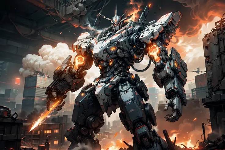 A colossal mechanized mech, heavily armored and bristling with weapons, standing tall over a futuristic cityscape, eyes glowing red, smoke and flames rising in the distance, low drone shot, epic science fiction style, intricately detailed, cinematic lighting, 4K resolution <lora:Mecha:1>