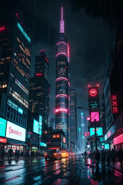 A futuristic high rise city skyline, bustling with flying cars and towering skyscrapers, vibrant neon lights shining through the rain soaked streets, dramatic low angle perspective, cinematic cyberpunk style, 8K quality