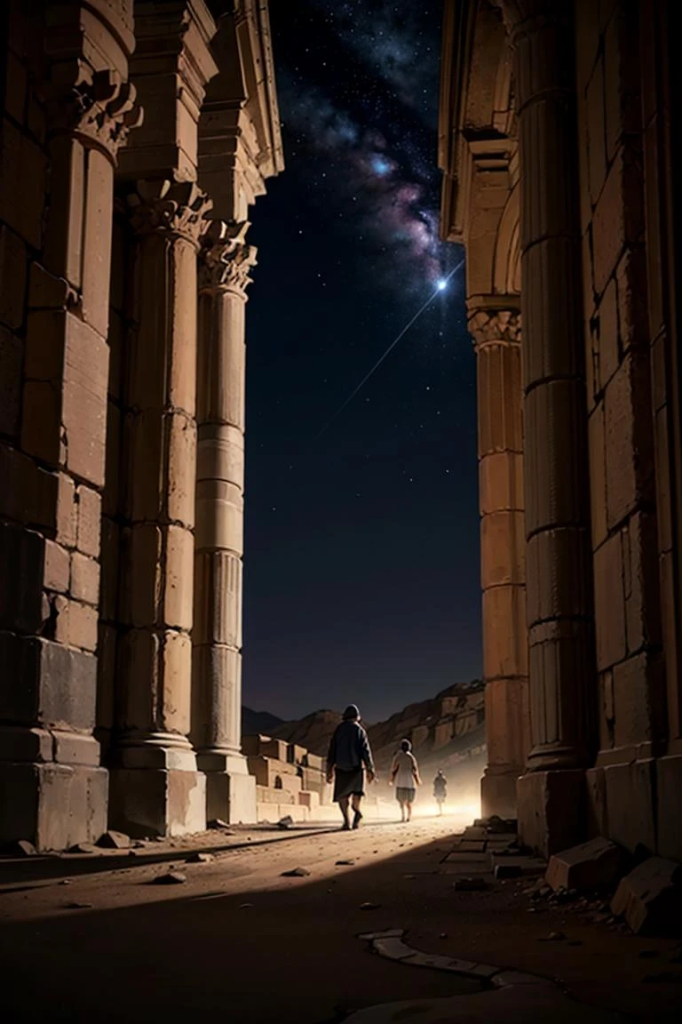 petrh1, Sky, HDR, outdoors, scenery, walking, 3/4, Soft light, intricate details, Night, illuminated, realistic, <lora:Petra:1>