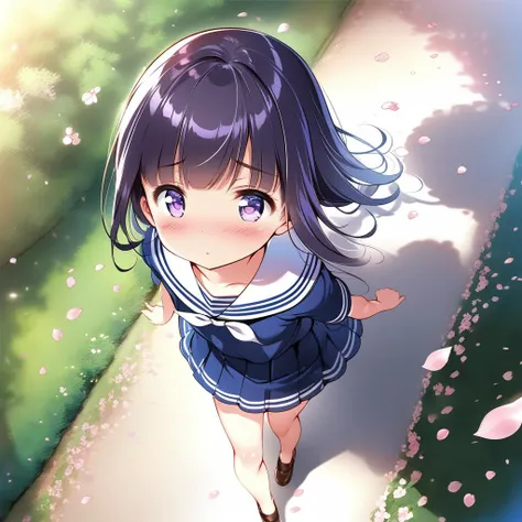 girl, tree-lined avenue,cherryblossom,from above,small breasts,petite,serafuku,navy plits skirt,shiny eyes,blush <lora:ruri_XL:0.7>,gokou ruri,strong wind,petals dance,ultra-detailed,masterpiece,best quality
