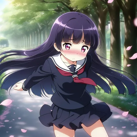 girl, tree-lined avenue,cherryblossom,small breasts,petite,black serafuku,black plits skirt,white collar.long sleeve, red ribbon,shy pose,long hair.shiny eyes,blush <lora:ruri_XL:0.9>,gokou ruri,strong wind,petals dance,ultra-detailed,masterpiece,best quality