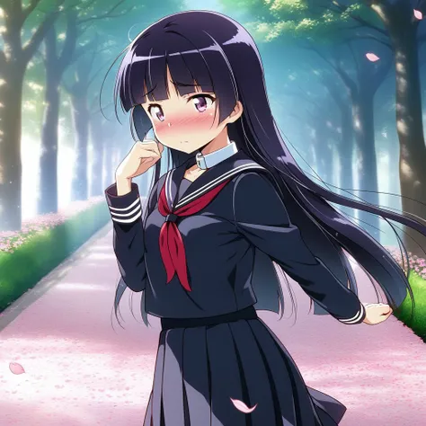 girl, tree-lined avenue,cherryblossom,small breasts,black serafuku,black plits skirt,white collar.long sleeve, red ribbon,shy pose,long hair.shiny eyes,blush <lora:ruri_XL:0.9>,gokou ruri,strong wind,petals dance,ultra-detailed,masterpiece,best quality
