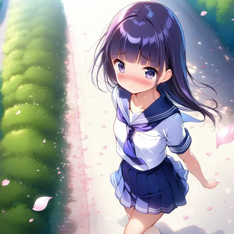 girl, tree-lined avenue,cherryblossom,from above,small breasts,petite,serafuku,navy plits skirt,shiny eyes,blush <lora:ruri_XL:0.7>,gokou ruri,strong wind,petals dance,ultra-detailed,masterpiece,best quality