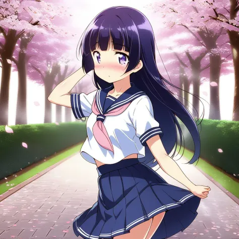 girl, tree-lined avenue,cherryblossom,small breasts,petite,spring serafuku,navy plits skirt,long hair.shiny eyes,blush <lora:ruri_XL:0.9>,gokou ruri,strong wind,petals dance,ultra-detailed,masterpiece,best quality