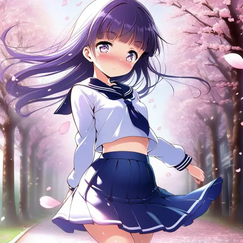 girl, tree-lined avenue,cherryblossom,small breasts,winter serafuku,plits skirt,shiny eyes,blush <lora:ruri_XL:0.7>,gokou ruri,strong wind,petals dance,ultra-detailed,masterpiece,best quality