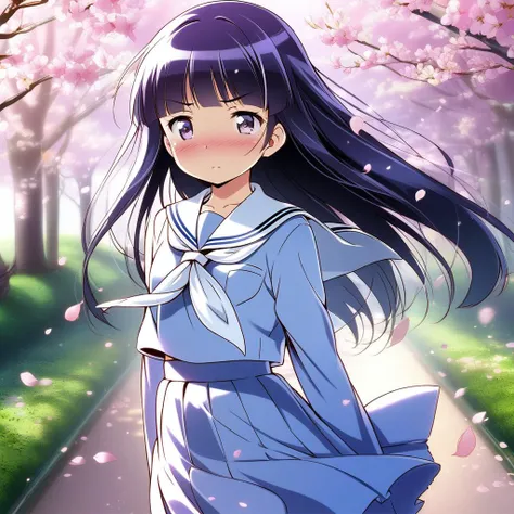 girl, tree-lined avenue,cherryblossom,small breasts,petite,spring serafuku,navy plits skirt,long hair.shiny eyes,blush <lora:ruri_XL:0.9>,gokou ruri,strong wind,petals dance,ultra-detailed,masterpiece,best quality