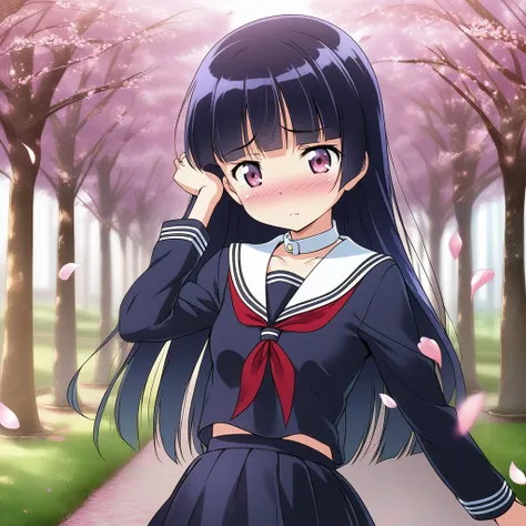 girl, tree-lined avenue,cherryblossom,small breasts,black serafuku,black plits skirt,white collar.long sleeve, red ribbon,shy pose,long hair.shiny eyes,blush <lora:ruri_XL:0.9>,gokou ruri,strong wind,petals dance,ultra-detailed,masterpiece,best quality
