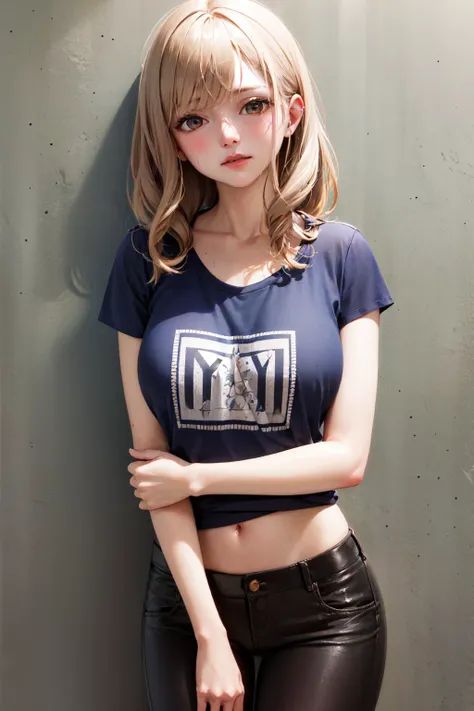 (masterpiece, best quality:1.2), <lyco:concept_handonownarm-11:1.0>, cowboy shot, solo, 1girl, sweating, looking at viewer, hand on own arm, shirt, pants