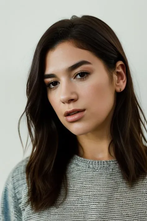<lora:du4l1p4:0.9>, a Realistic photo of du4l1p4 woman, 1girl, solo, long hair, looking at viewer, simple background, brown hair, white background, brown eyes, lips, portrait, realistic, nose, professional Photography, Photorealistic, detailed eyes, RAW, analog, sharp focus, 8k, HD, DSLR, high quality, Fujifilm XT3, film grain, award winning, masterpiece