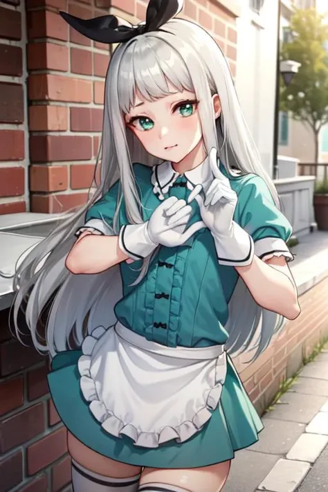 <lora:hideri_kanzaki-05:1>, 1boy, hideri_kanzaki, looking at viewer, standing, green eyes, apron, bow, gloves, long hair, bangs, otoko_no_ko, silver hair, stile uniform, thighhighs, waist_apron, waitress, white_gloves, white_legwear, (outdoors),