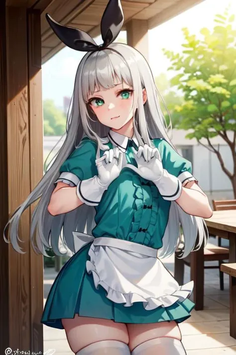 <lora:hideri_kanzaki-05:1>, 1boy, hideri_kanzaki, looking at viewer, standing, green eyes, apron, bow, gloves, long hair, bangs, otoko_no_ko, silver hair, stile uniform, thighhighs, waist_apron, waitress, white_gloves, white_legwear, (outdoors),