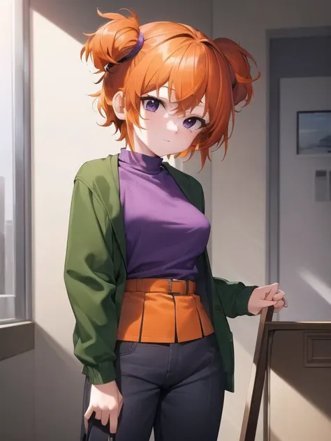 <lora:add_detail:0.3> <lora:DSideGF-10:0.75> ((best quality)), ((masterpiece)), (detailed), absurdres, HDR, 1girl, DSideGF, orange hair, jacket, shirt, freckles, black eyes, twintails, short twintails, pants, green jacket, short hair, purple shirt, long sleeves, open clothes, purple sweater, detailed skin texture, (blush:0.2), (goosebumps:0.3), subsurface scattering
