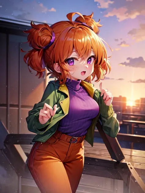 <lora:add_detail:0.2> <lora:DSideGF-10:0.8> ((best quality)), ((masterpiece)), (detailed), absurdres, HDR, cowboy shot, indoors, stage, smiley face, stage, 1girl, DSideGF, orange hair, jacket, shirt, freckles, purple eyes, twintails, short twintails, pants, green jacket, short hair, purple shirt, long sleeves, open clothes, purple sweater, detailed skin texture, (blush:0.2), (goosebumps:0.3), subsurface scattering
