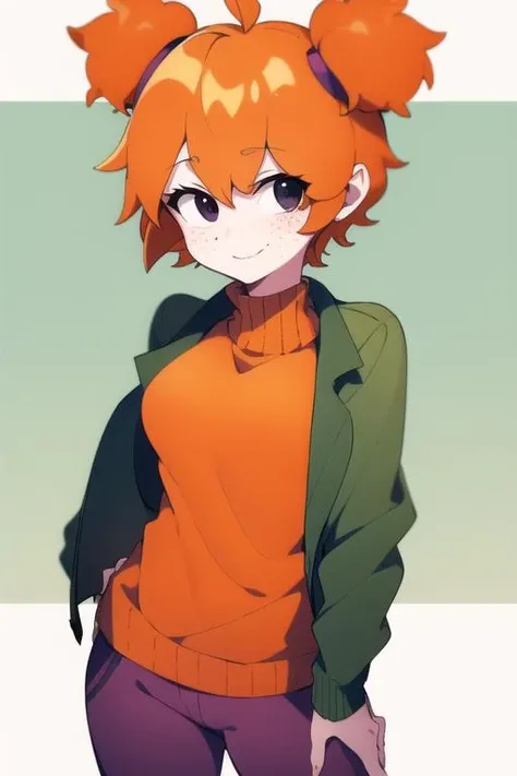 <lora:DSideGF:0.8> DSideGF, 1girl, light smile,  orange hair, solo, jacket, shirt , freckles, black eyes, twintails, short twintails , pants , green jacket , short hair, purple_shirt , long sleeves, open clothes, sweater, purple sweater,