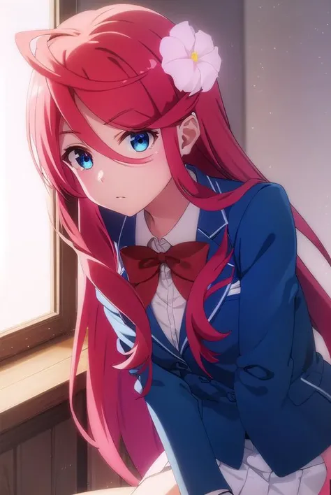 fruitofevolutionsaria, <lora:fruitofevolution saria s2-lora-nochekaiser:1>,
saria, long hair, blue eyes, hair ornament, hair between eyes, very long hair, flower, red hair, hair flower,
BREAK skirt, bow, school uniform, jacket, blazer, white skirt,
BREAK indoors, classroom,
BREAK looking at viewer,
BREAK <lyco:GoodHands-beta2:1>, (masterpiece:1.2), best quality, high resolution, unity 8k wallpaper, (illustration:0.8), (beautiful detailed eyes:1.6), extremely detailed face, perfect lighting, extremely detailed CG, (perfect hands, perfect anatomy),