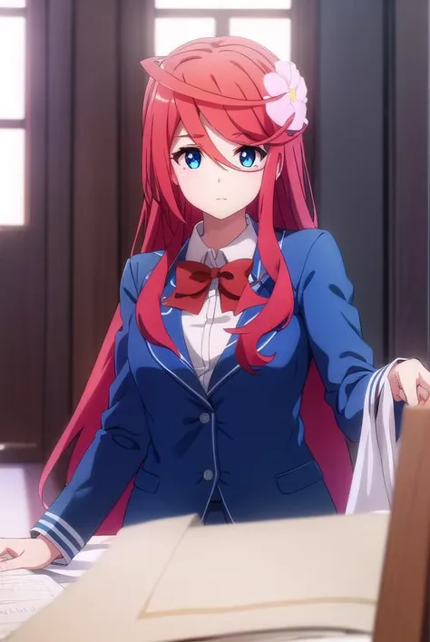 fruitofevolutionsaria, <lora:fruitofevolution saria s2-lora-nochekaiser:1>,
saria, long hair, blue eyes, hair ornament, hair between eyes, very long hair, flower, red hair, hair flower,
BREAK skirt, bow, school uniform, jacket, blazer, white skirt,
BREAK indoors, classroom,
BREAK looking at viewer,
BREAK <lyco:GoodHands-beta2:1>, (masterpiece:1.2), best quality, high resolution, unity 8k wallpaper, (illustration:0.8), (beautiful detailed eyes:1.6), extremely detailed face, perfect lighting, extremely detailed CG, (perfect hands, perfect anatomy),