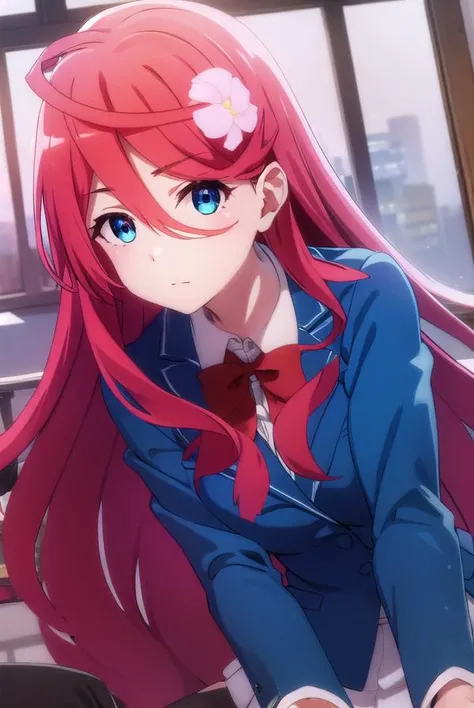 fruitofevolutionsaria, <lora:fruitofevolution saria s2-lora-nochekaiser:1>,
saria, long hair, blue eyes, hair ornament, hair between eyes, very long hair, flower, red hair, hair flower,
BREAK skirt, bow, school uniform, jacket, blazer, white skirt,
BREAK indoors, classroom,
BREAK looking at viewer,
BREAK <lyco:GoodHands-beta2:1>, (masterpiece:1.2), best quality, high resolution, unity 8k wallpaper, (illustration:0.8), (beautiful detailed eyes:1.6), extremely detailed face, perfect lighting, extremely detailed CG, (perfect hands, perfect anatomy),