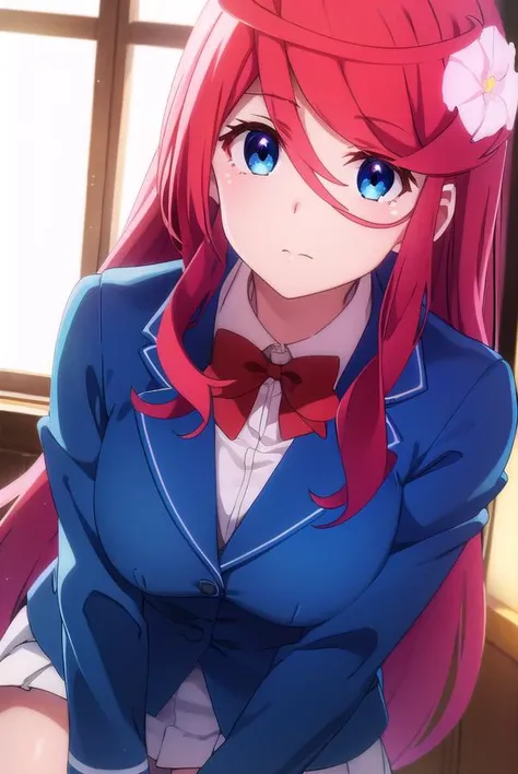 fruitofevolutionsaria, <lora:fruitofevolution saria s2-lora-nochekaiser:1>,
saria, long hair, blue eyes, hair ornament, hair between eyes, very long hair, flower, red hair, hair flower,
BREAK skirt, bow, school uniform, jacket, blazer, white skirt,
BREAK indoors, classroom,
BREAK looking at viewer,
BREAK <lyco:GoodHands-beta2:1>, (masterpiece:1.2), best quality, high resolution, unity 8k wallpaper, (illustration:0.8), (beautiful detailed eyes:1.6), extremely detailed face, perfect lighting, extremely detailed CG, (perfect hands, perfect anatomy),