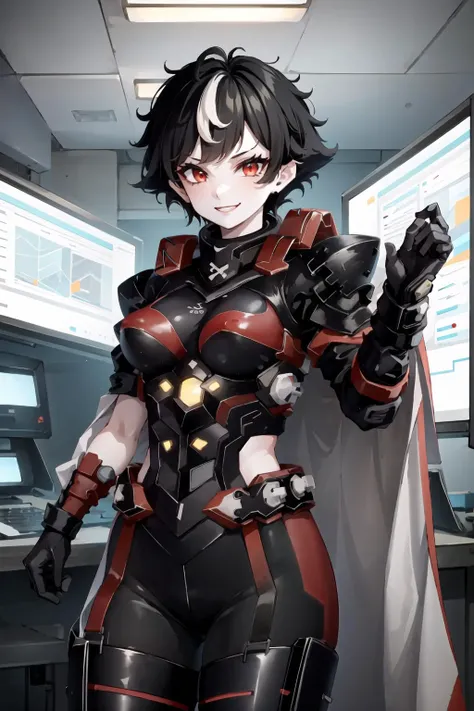 btsub, red eyes, pale skin, black hair, short hair,scar across eye, makeup, streaked hair,blybt, power armor, red cape,standing facing viewer,smiling,in futuristic control room, <lora:BlytheSubverse_V1-Manityro:1>