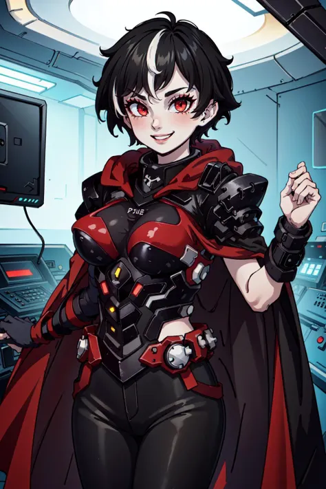btsub, red eyes, pale skin, black hair, short hair,scar across eye, makeup, streaked hair,blybt, power armor, red cape,tight pants,standing facing viewer,smiling,in futuristic control room, <lora:BlytheSubverse_V1-Manityro:1>, <lora:LORA-XenoDetailer-v2:0.1>