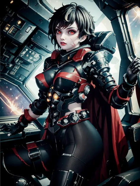 (masterpiece, best quality), space, spacecraft interior, cowboy shot, sitting, cockpit, from side, looking to the side, blybt, power armor, scar across eye, red cape, 1girl, solo, makeup, red eyes, black hair, large breasts, <lyco:BlytheSubverse_V1-Manityro:1.0>,