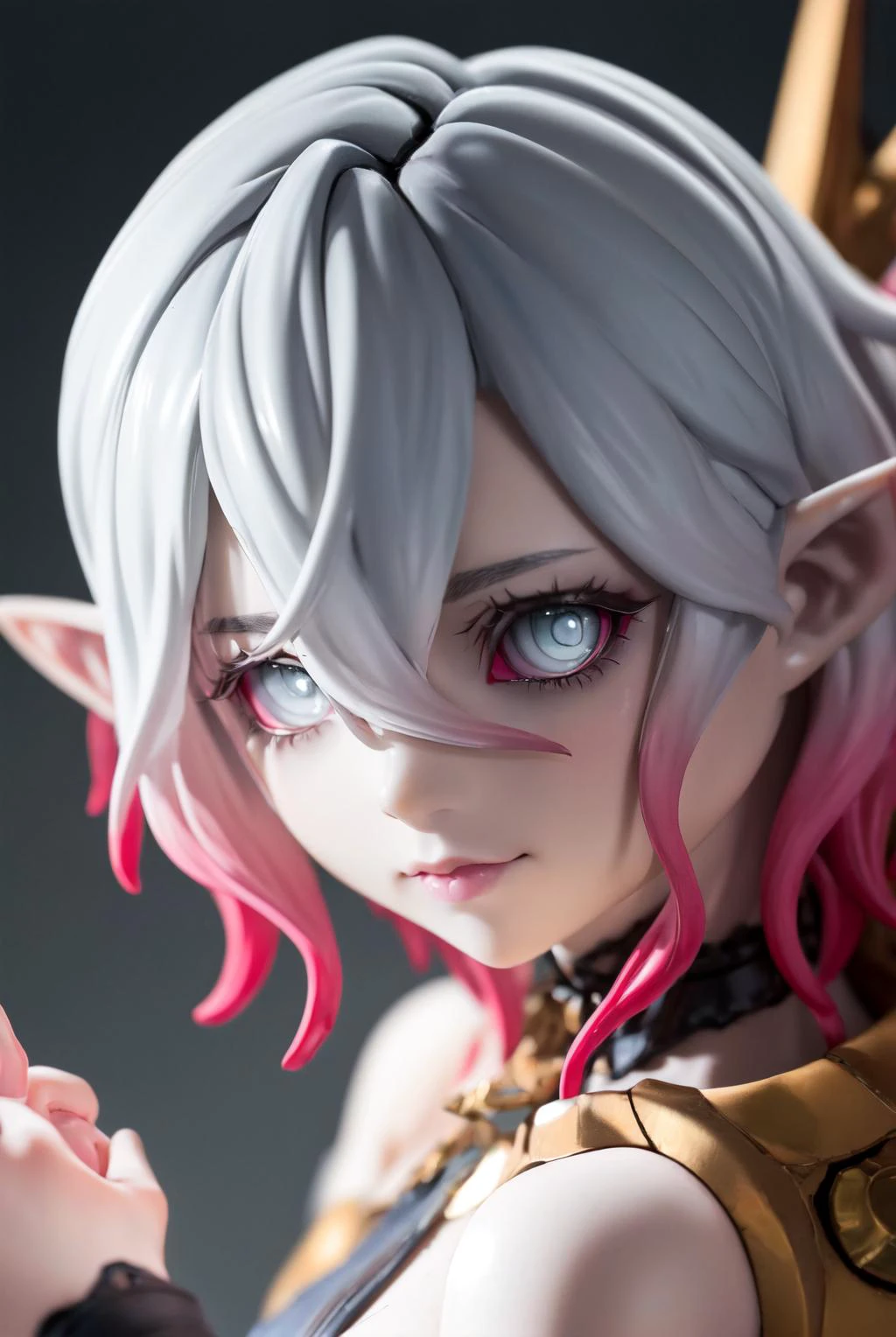 masterpiece, best quality, ultra detailed, doll joints, realistic, porcelain, action figure, doll, pole, <lora:Briar:1>, briar, solo, 1girl, gradient hair, pink sclera, white hair, short hair, multicolored hair, grey skin, colored sclera, silver eyes, pointy ears, hair between eyes,