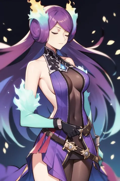 <lora:brighidxb2:0.7>, brighidxb2, 1girl, solo, long hair, gloves, dress, bare shoulders, collarbone, elbow gloves, fire, fiery hair, closed eyes,