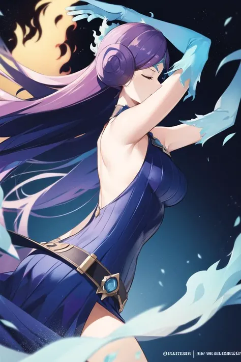 leaning back, arms up, arched back, from side, <lora:brighidxb2:0.7>, brighidxb2, 1girl, solo, long hair, gloves, dress, bare shoulders, collarbone, elbow gloves, fire, fiery hair, closed eyes,