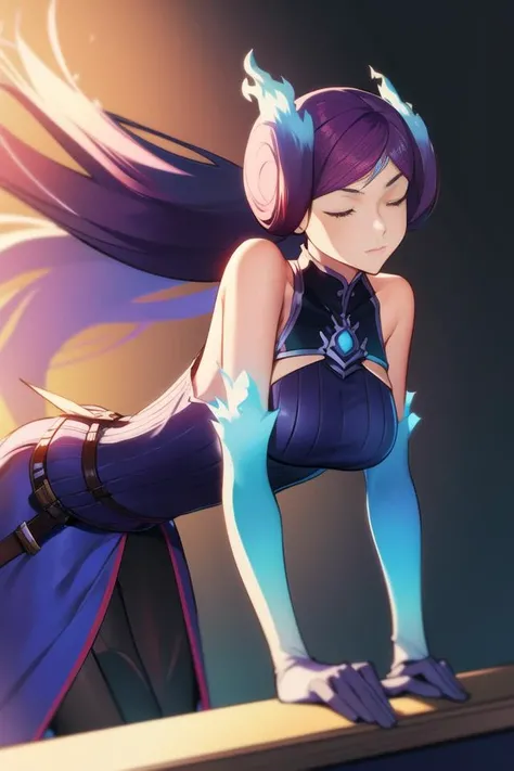 bent over desk, <lora:brighidxb2:0.7>, brighidxb2, 1girl, solo, long hair, gloves, dress, bare shoulders, collarbone, elbow gloves, fire, fiery hair, closed eyes,
