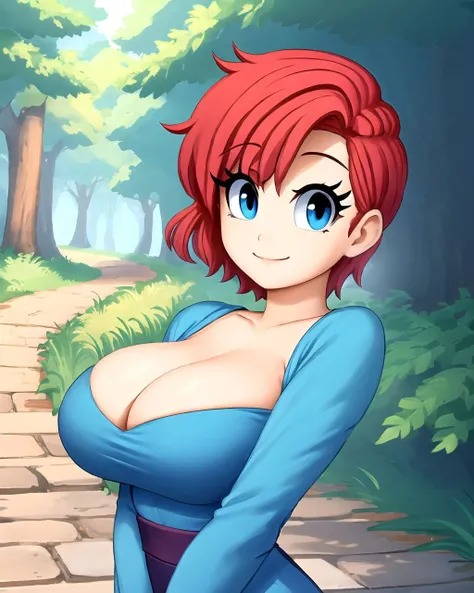 upper body, short hair, red hair, blue eyes, blue dress, breasts, smile, forest, path, cobblestone path, big eyes, <lora:Sayman:0.6>