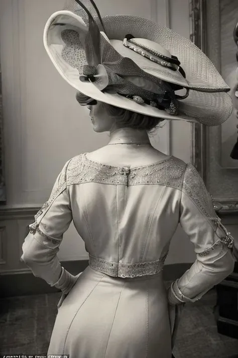 cowboy shot of a beautiful woman, from behind, turned toward viewer, looking at viewer, large bust, hat at a fancy party