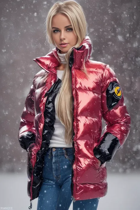 A stunning portrait of a young, blonde, slim, cute, sweet European woman, radiating elegance and beauty. She is dressed in a fashionable, collared, (colorful), (shiny and glossy), (puffer down jacket). ((Very High Yoked)), (((full zippped up yoke, jackets yoke covering lower face))). The lighting is soft, highlighting her features and emphasizing the high glossy texture of her clothes. Cinematic lighting, very cold, snowing, high resolution, winter fashion, realistic shading, digital painting, artstation, sweetest, cutest, ((tempting)). close up shot. by Parkasite. <lora:Parkasite_v10:0.5>